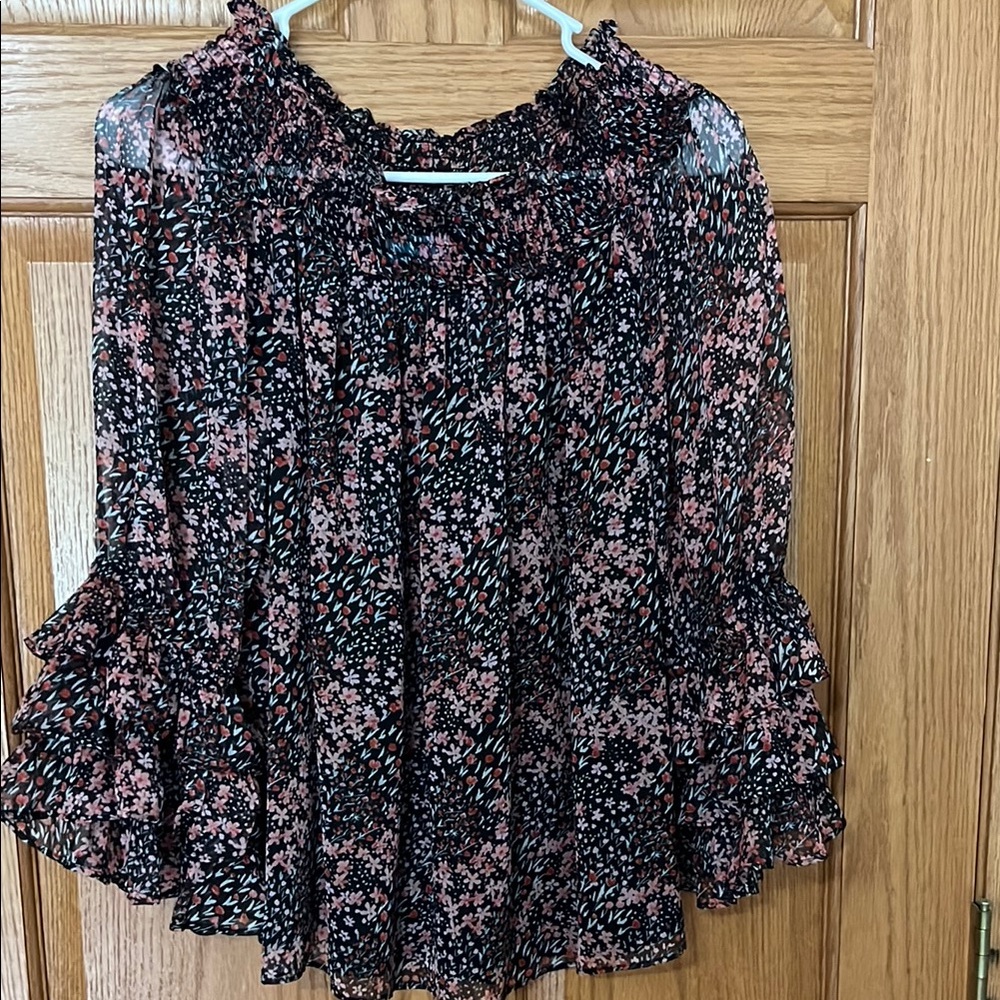 CeCe Blue and Black Ruffled Bib Collar Blouse